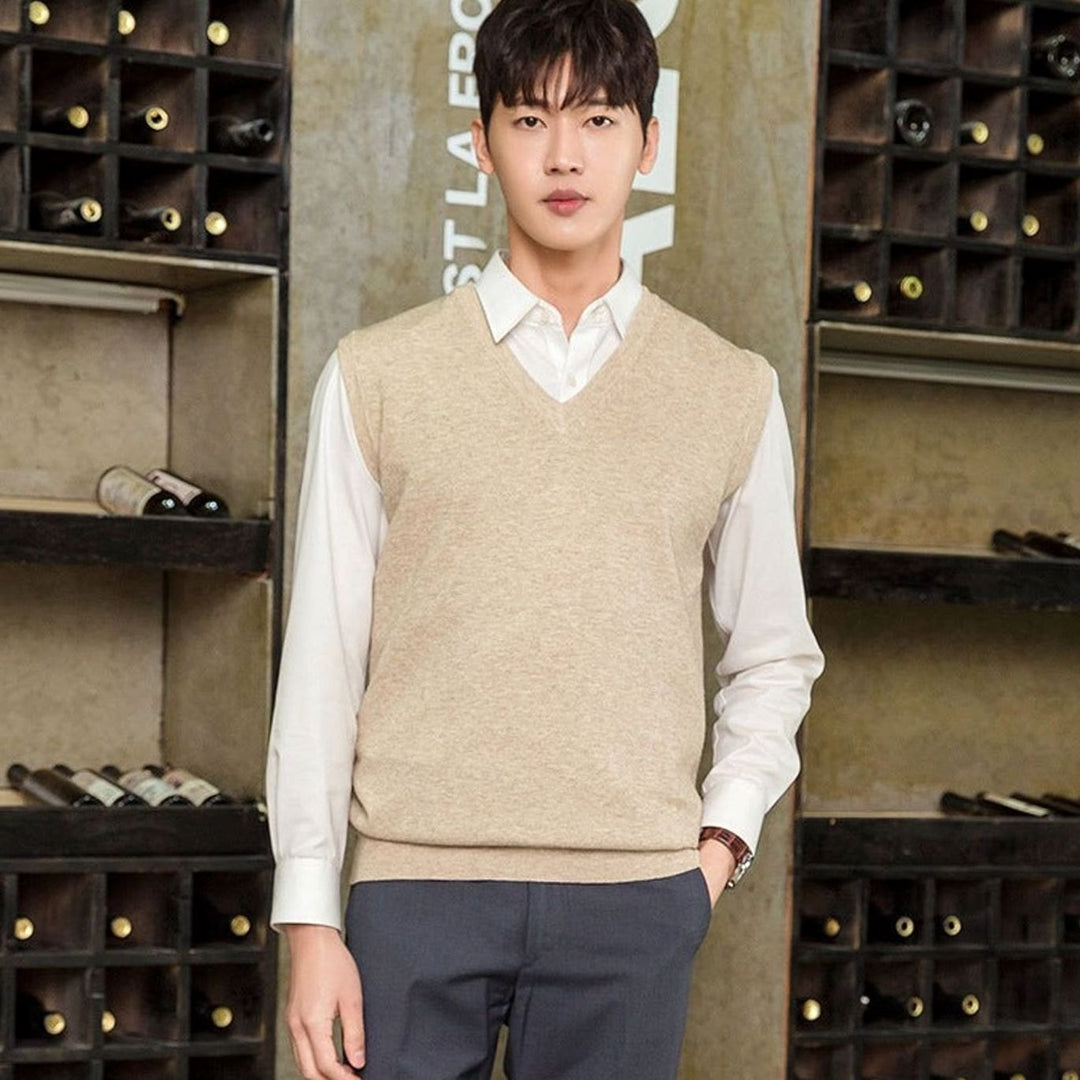 Men's Fine Knit V-Neck Sweater Vest Regular Fit Cotton Blend - Camel Brown