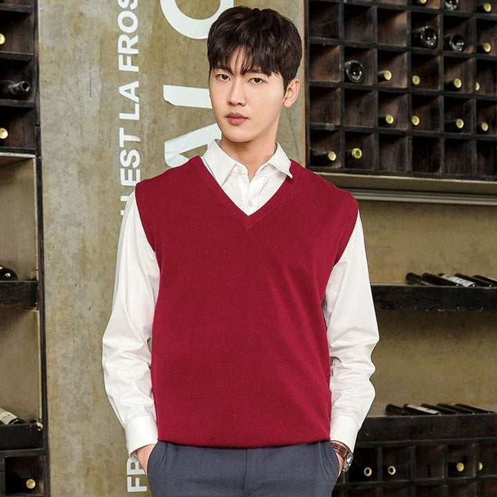 Men's Fine Knit V-Neck Sweater Vest Regular Fit Cotton Blend - Red