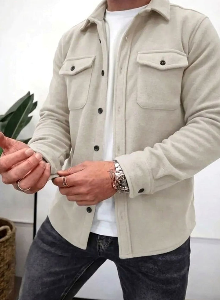 Men's Fleece Button-Up Overshirt Dual Chest Pockets - Cream