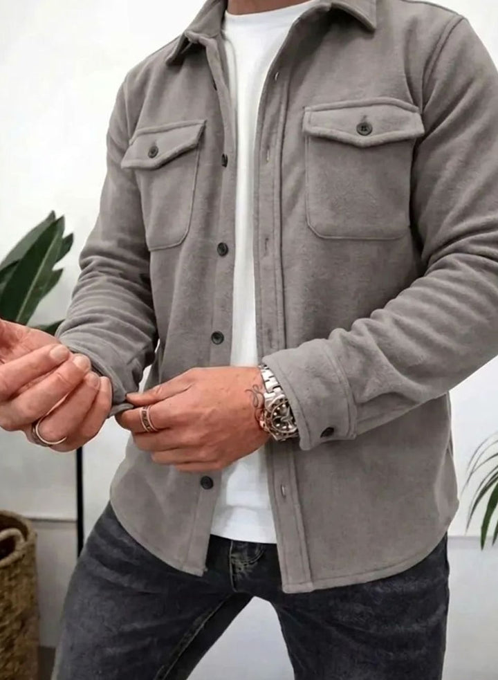 Men's Fleece Button-Up Overshirt Dual Chest Pockets - Light Gray