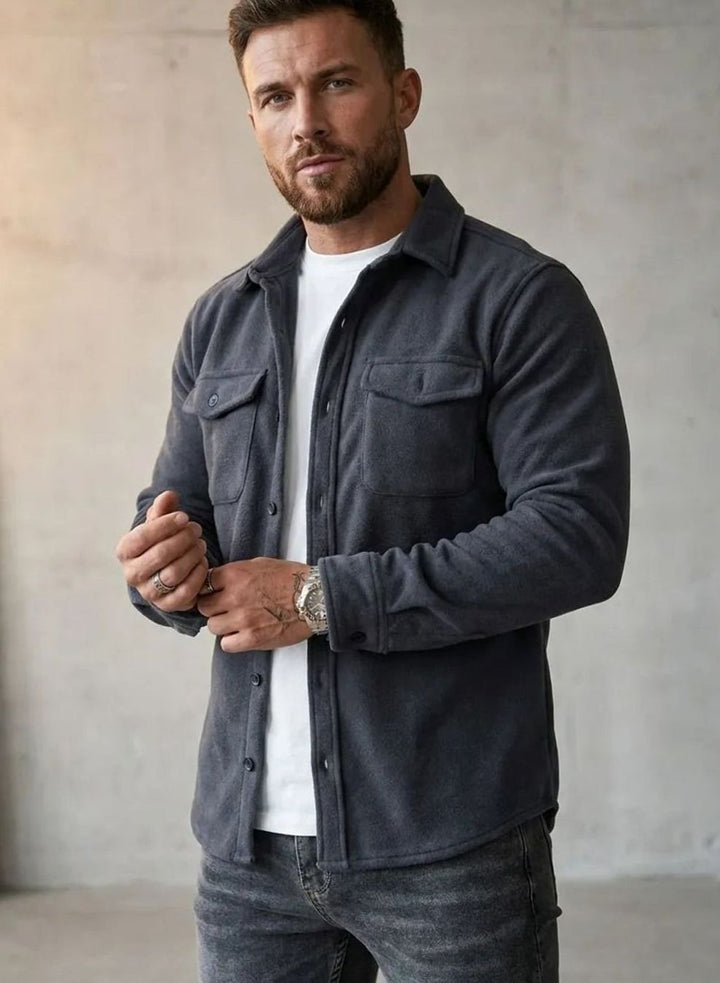 Men's Fleece Button-Up Overshirt Dual Chest Pockets
