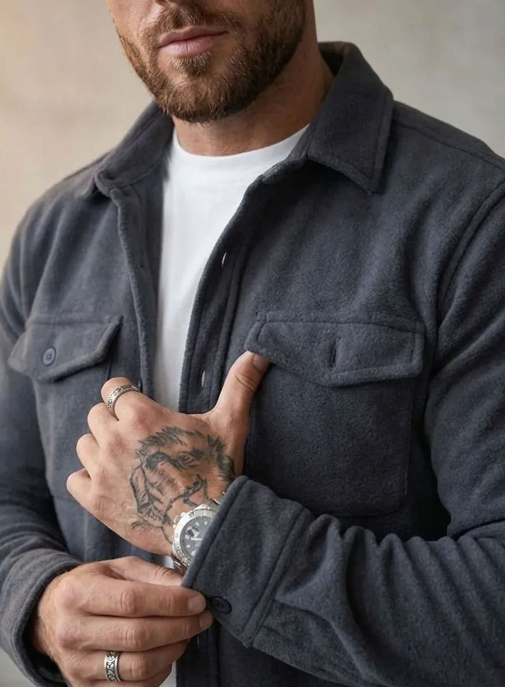 Men's Fleece Button-Up Overshirt Dual Chest Pockets