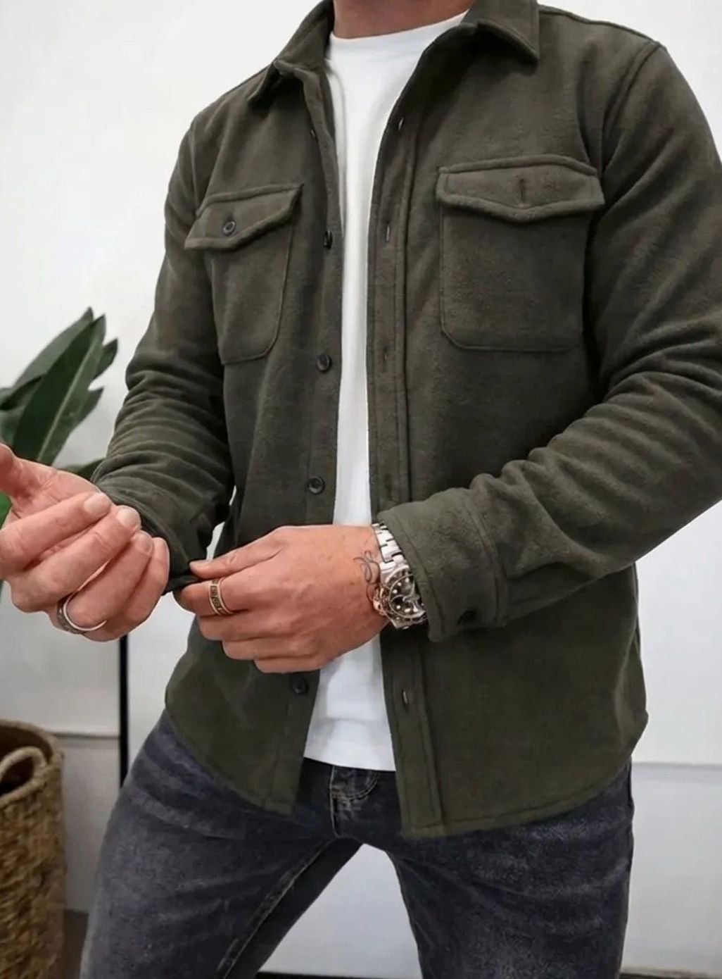 Men's Fleece Button-Up Overshirt Dual Chest Pockets - Dark Green