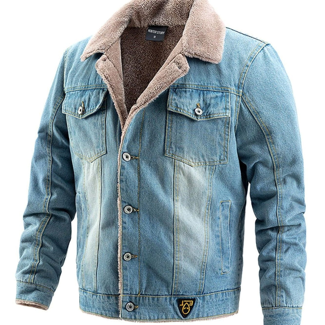 Men's Fleece-Lined Denim Jean Jacket Sherpa Collar Coat - Light Blue