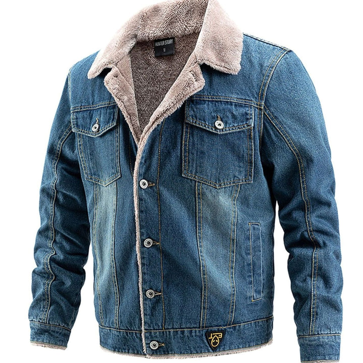 Men's Fleece-Lined Denim Jean Jacket Sherpa Collar Coat - Blue