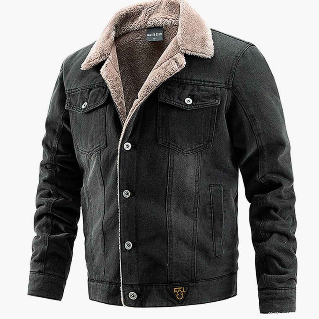 Men's Fleece-Lined Denim Jean Jacket Sherpa Collar Coat - Black