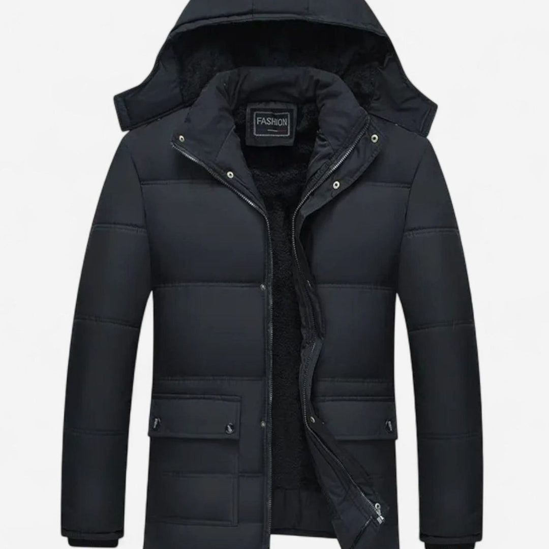 Men's Fleece-Lined Hooded Puffer Winter Jacket - Black
