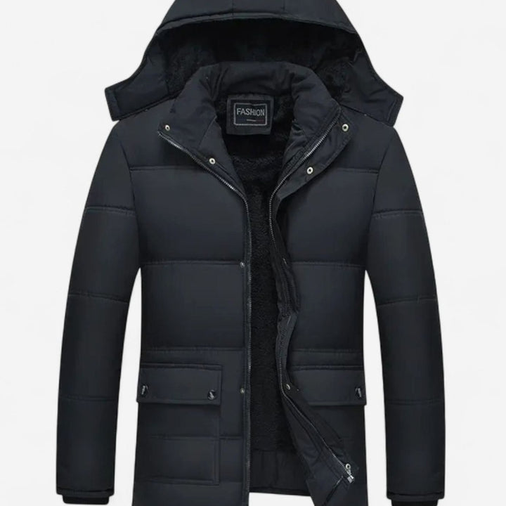 Men's Fleece-Lined Hooded Puffer Winter Jacket - Black