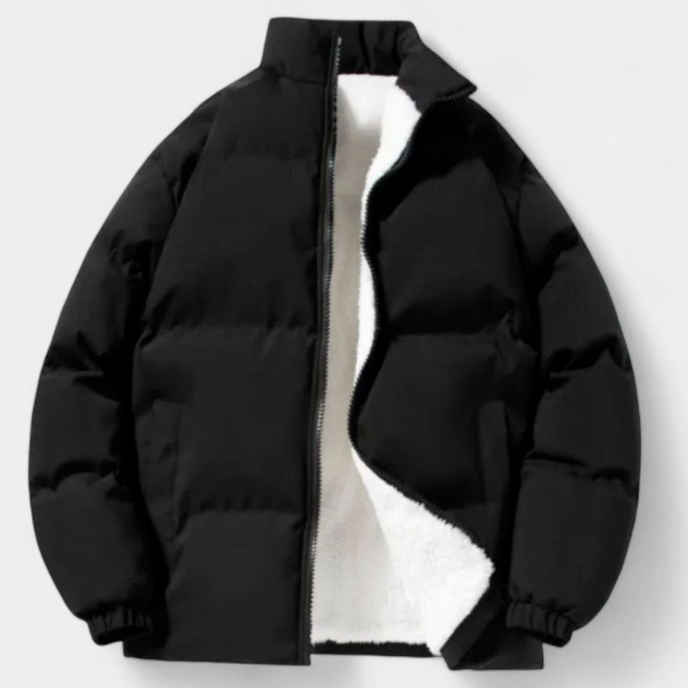 Men's Fleece-Lined Puffer Winter Jacket Stand-Collar - Black