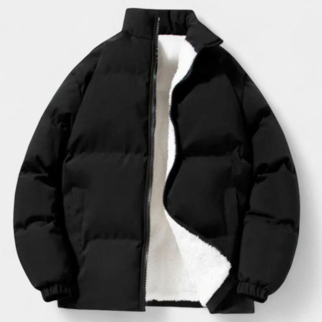 Men's Fleece-Lined Puffer Winter Jacket Stand-Collar - Black