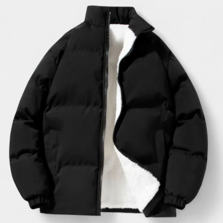 Men's Fleece-Lined Puffer Winter Jacket Stand-Collar - Black