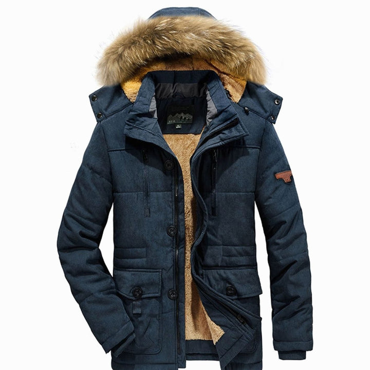 Men's Fleece-Lined Quilted Parka Faux Fur Hood Winter Coat - Dark Blue