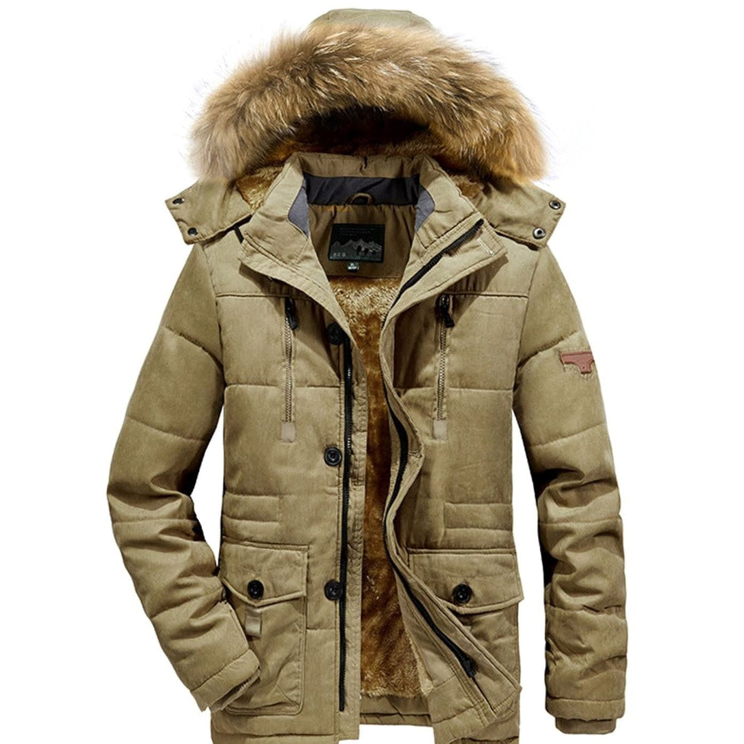 Men's Fleece-Lined Quilted Parka Faux Fur Hood Winter Coat - Khaki