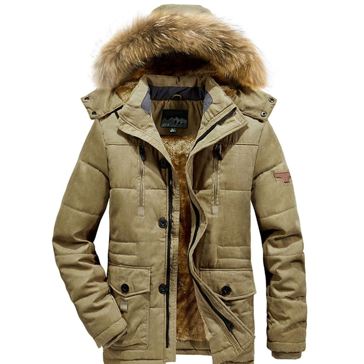 Men's Fleece-Lined Quilted Parka Faux Fur Hood Winter Coat - Khaki