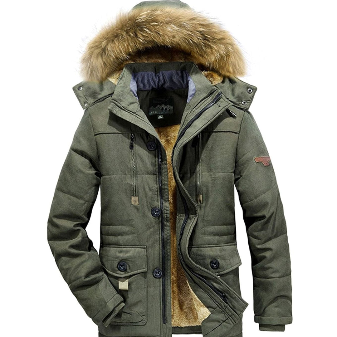 Men's Fleece-Lined Quilted Parka Faux Fur Hood Winter Coat - Olive Green