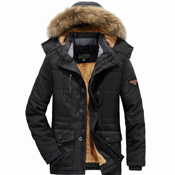 Men's Fleece-Lined Quilted Parka Faux Fur Hood Winter Coat - Black