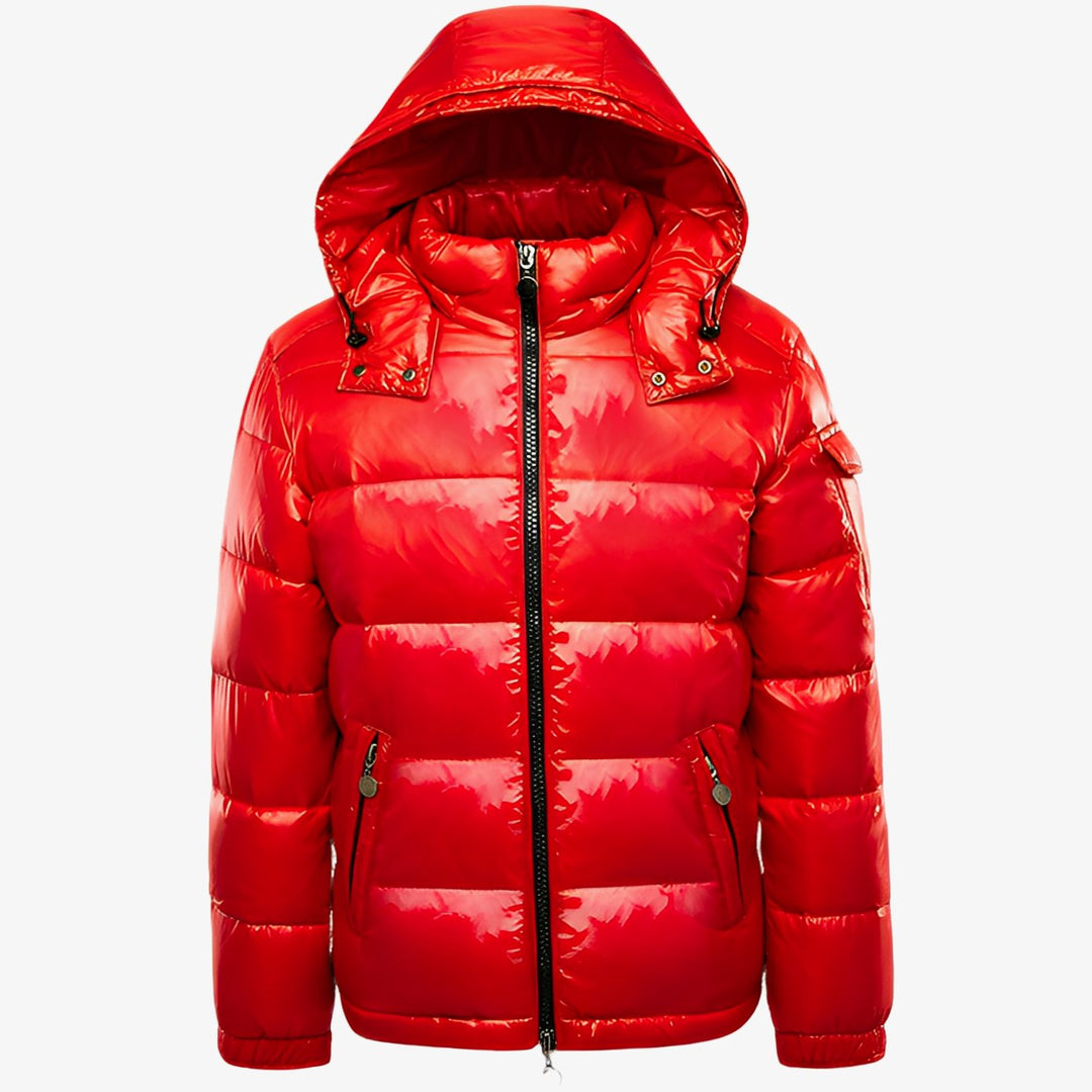 Men's Glossy Hooded Puffer Winter Jacket - Red