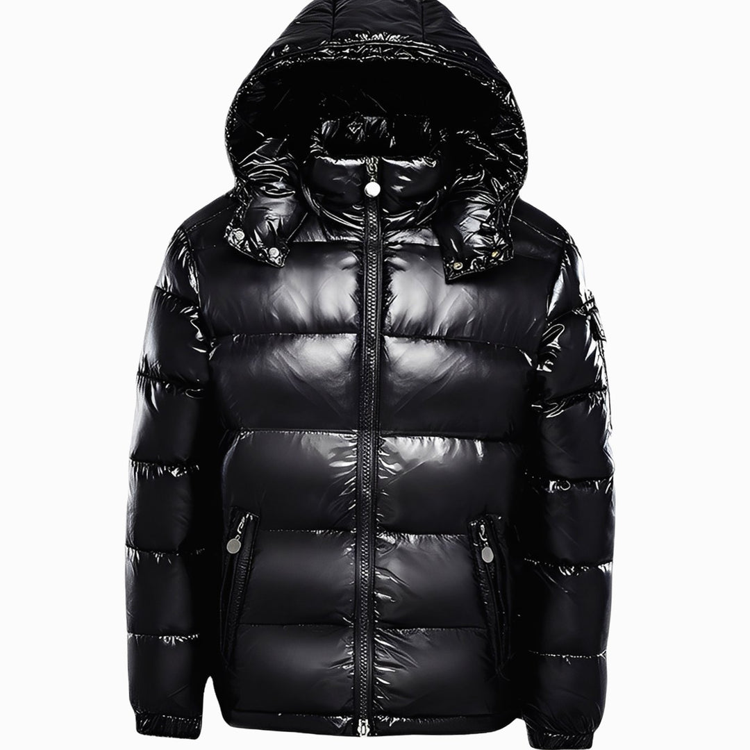 Men's Glossy Hooded Puffer Winter Jacket - Black