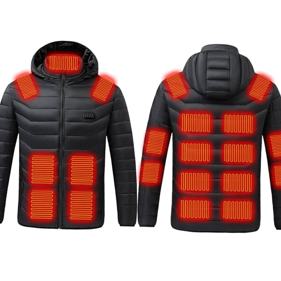 Men's Heated Puffer Winter Jacket 21-Zone USB Hooded Coat - Black 4-Controls 21-Zone Heating