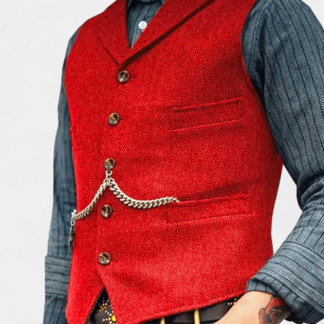 Men's Herringbone Lapel Button-Up Suit Vest - Red