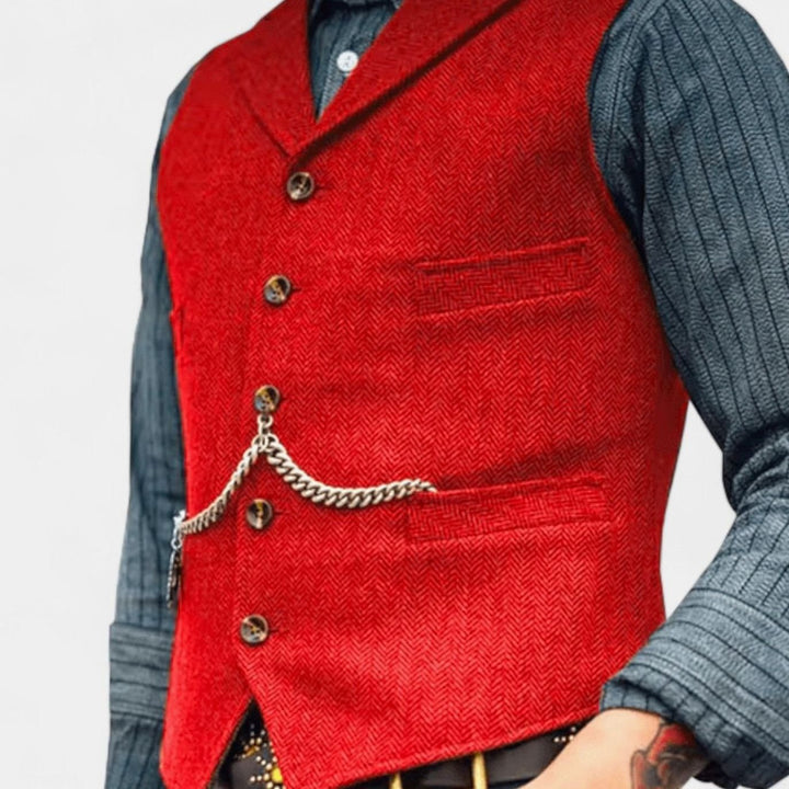 Men's Herringbone Lapel Button-Up Suit Vest - Red
