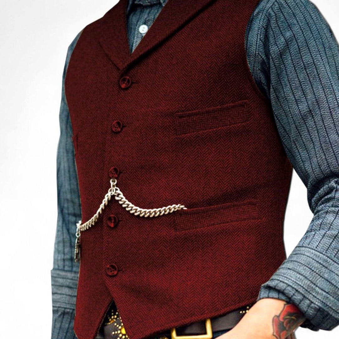 Men's Herringbone Lapel Button-Up Suit Vest - Burgundy