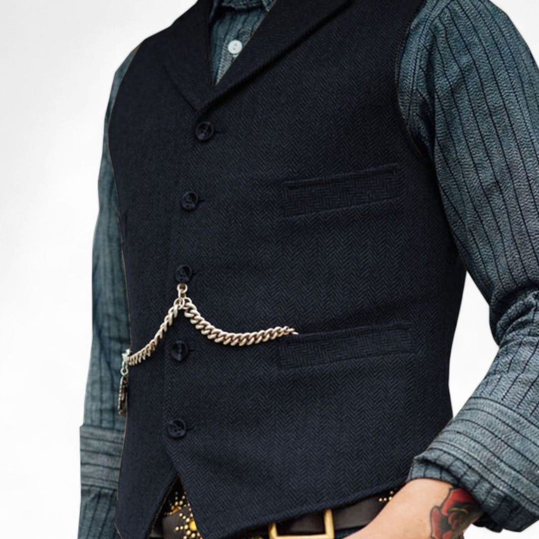 Men's Herringbone Lapel Button-Up Suit Vest - Navy Blue