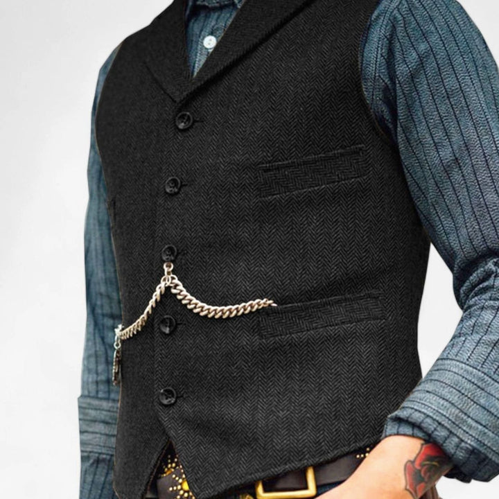 Men's Herringbone Lapel Button-Up Suit Vest - Black