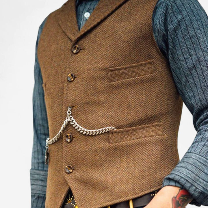 Men's Herringbone Lapel Button-Up Suit Vest - Brown