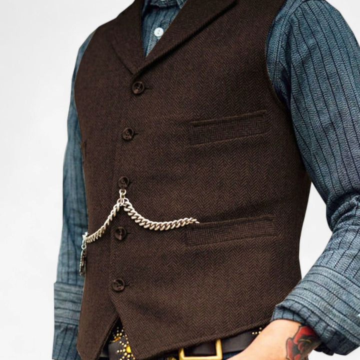 Men's Herringbone Lapel Button-Up Suit Vest - Coffee
