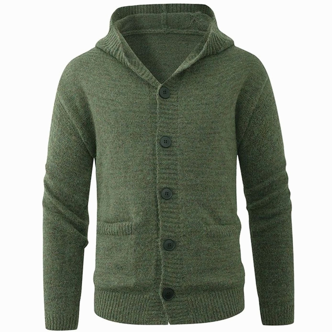 Men's Hooded Button-Front Knit Cardigan Sweater - Dark Green