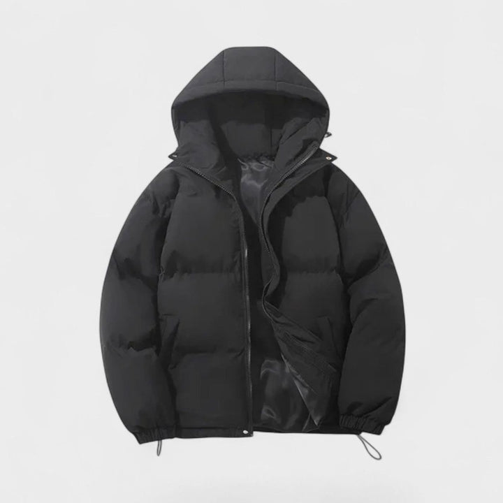 Men's Hooded Puffer Winter Jacket Padded Zip-Up Coat - Black