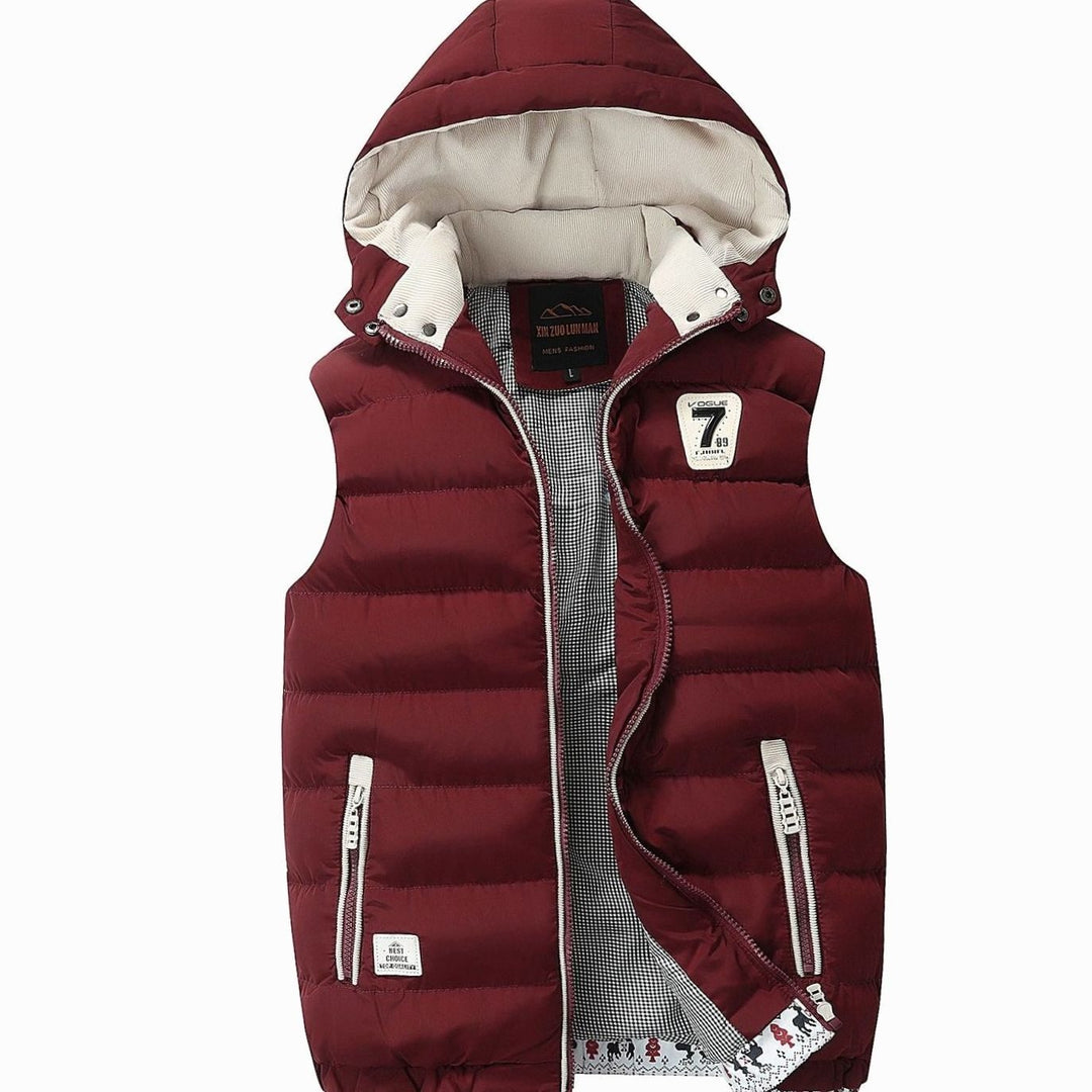 Men's Hooded Sleeveless Quilted Puffer Vest Zip Pockets - Red