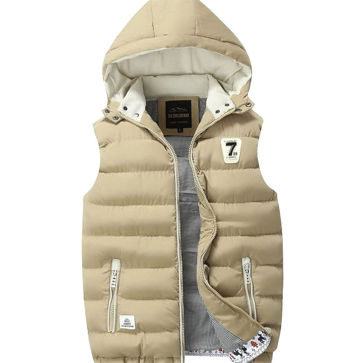 Men's Hooded Sleeveless Quilted Puffer Vest Zip Pockets - Khaki