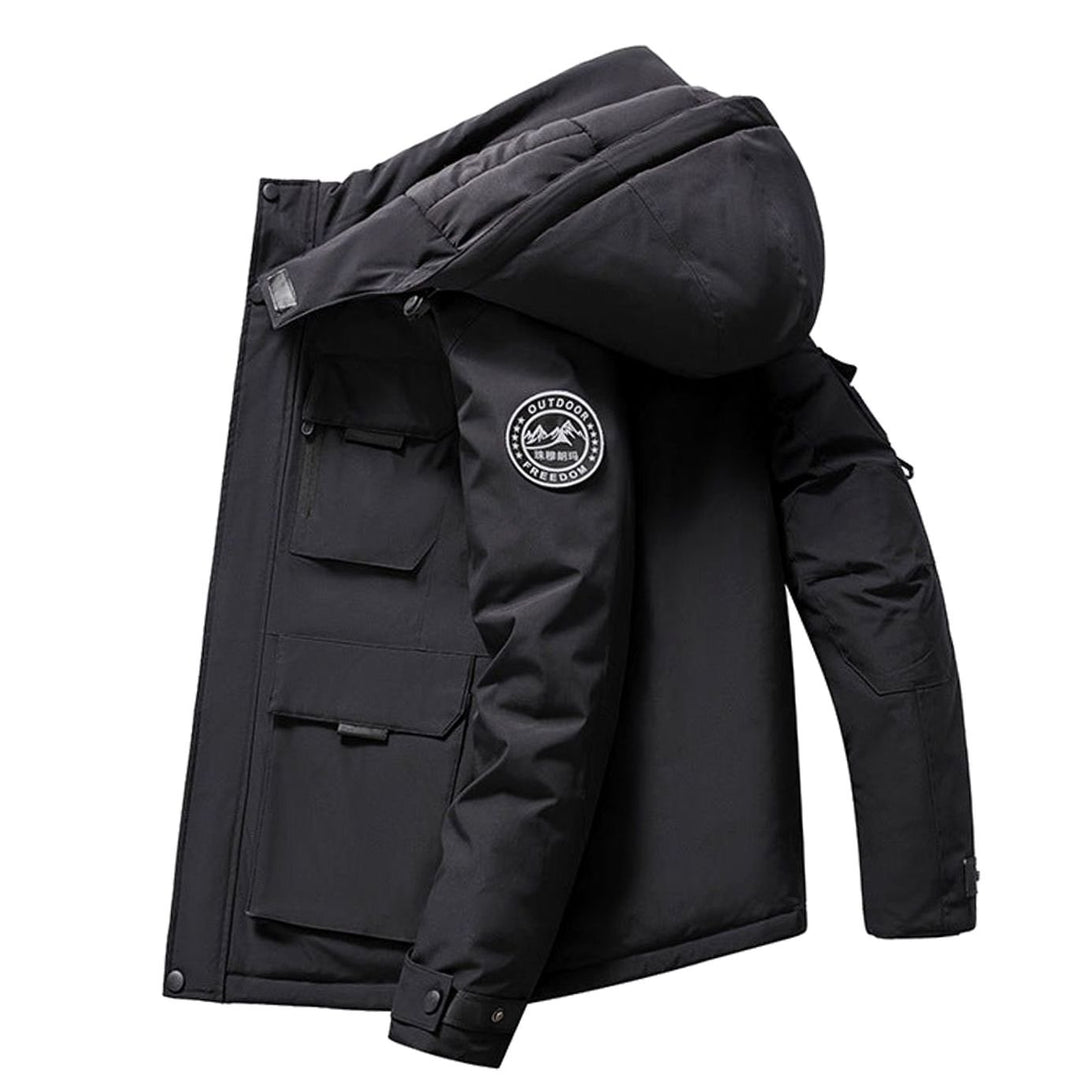 Men's Insulated Hooded Field Parka Multi-Pocket Windproof Winter Jacket - Black