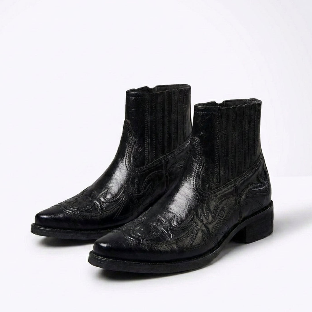 Men's Italian Leather Embossed Western Chelsea Ankle Boots