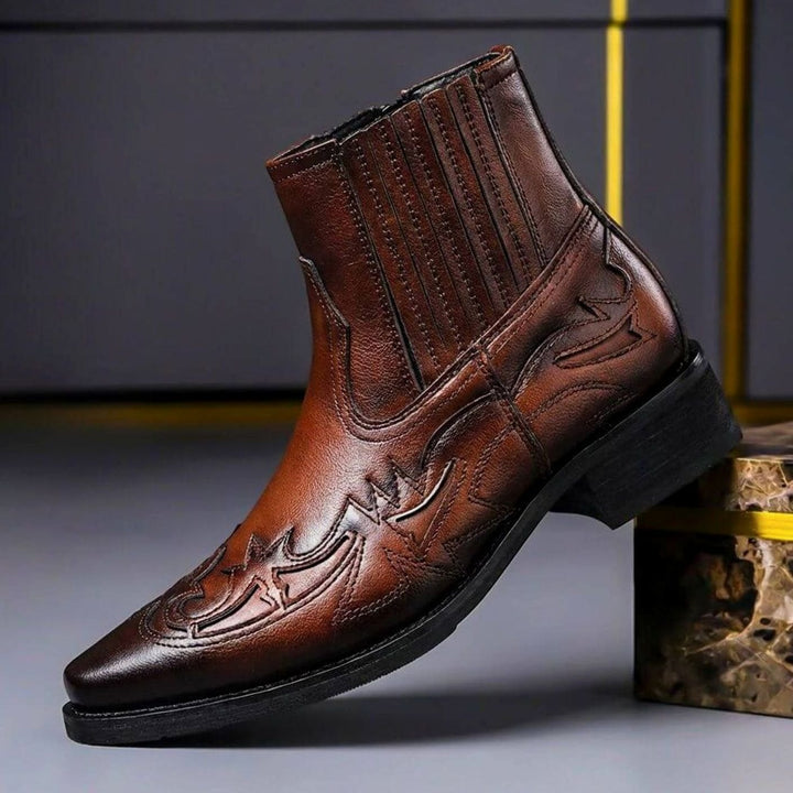 Men's Italian Leather Embossed Western Chelsea Ankle Boots