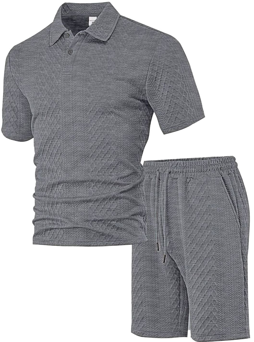 Men's Jacquard Quilted Polo Shirt Bermuda Shorts Set - Gray