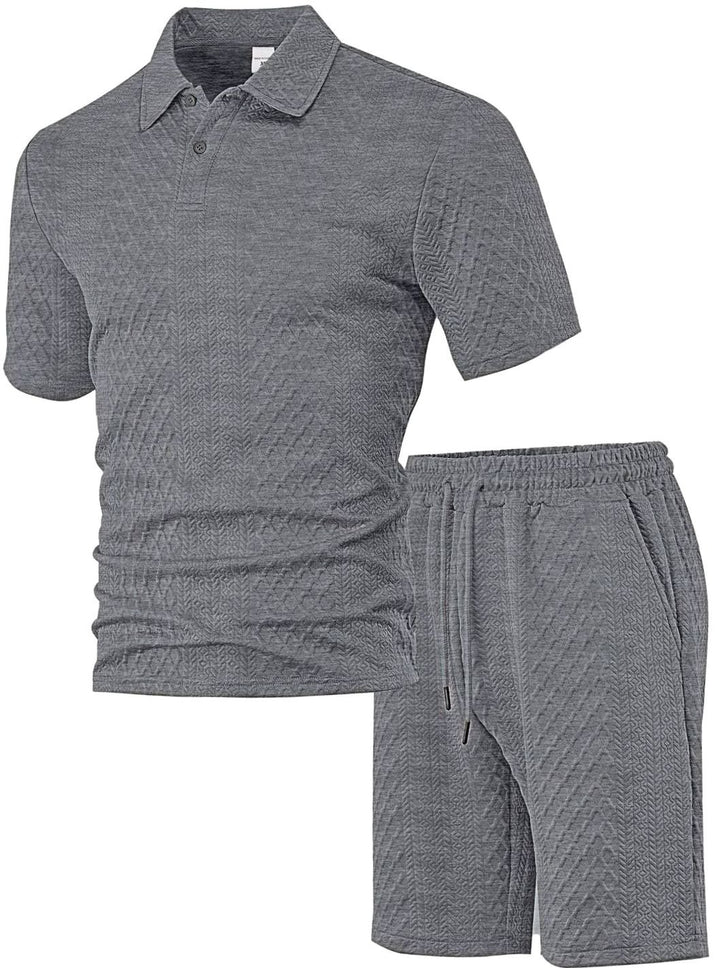 Men's Jacquard Quilted Polo Shirt Bermuda Shorts Set - Gray