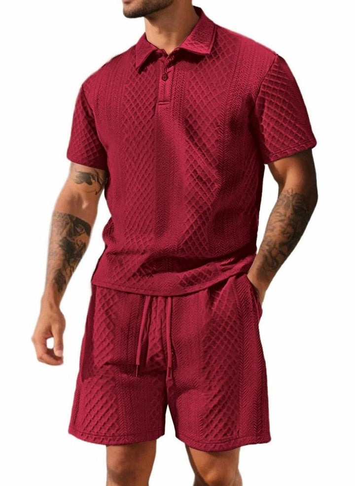 Men's Jacquard Quilted Polo Shirt Bermuda Shorts Set - Wine Red
