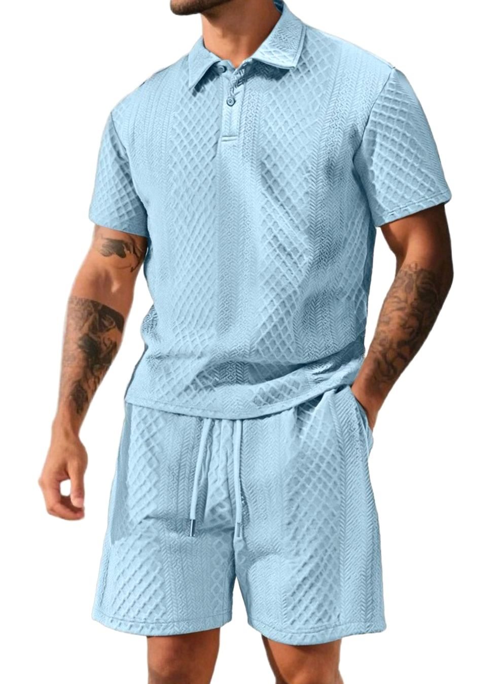 Men's Jacquard Quilted Polo Shirt Bermuda Shorts Set - Light Blue