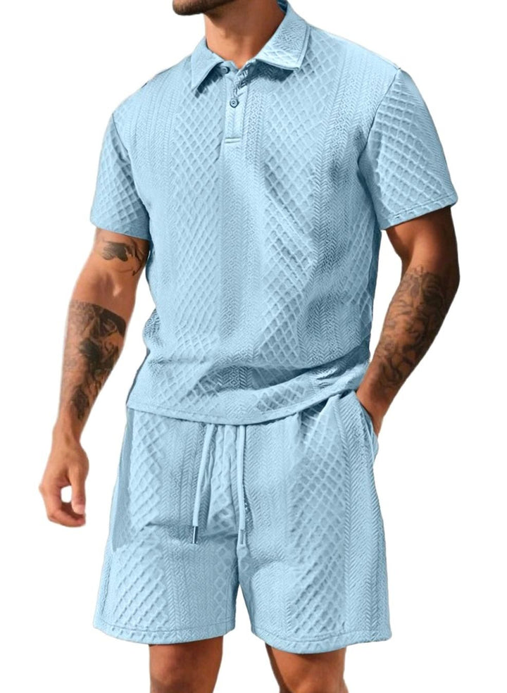 Men's Jacquard Quilted Polo Shirt Bermuda Shorts Set - Light Blue