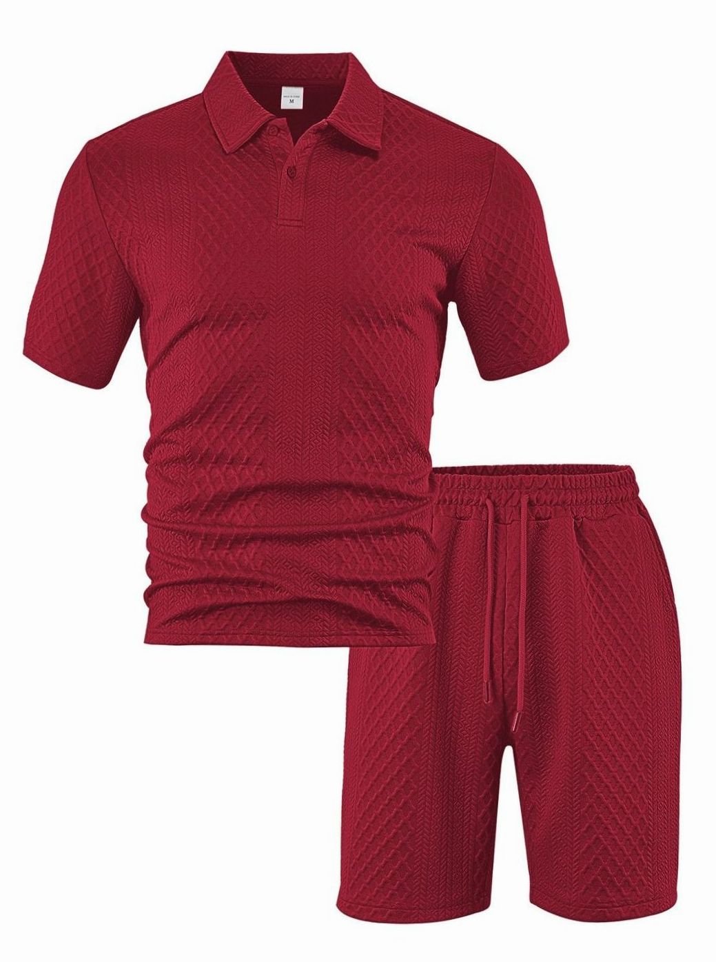 Men's Jacquard Quilted Polo Shirt Bermuda Shorts Set - Wine Red