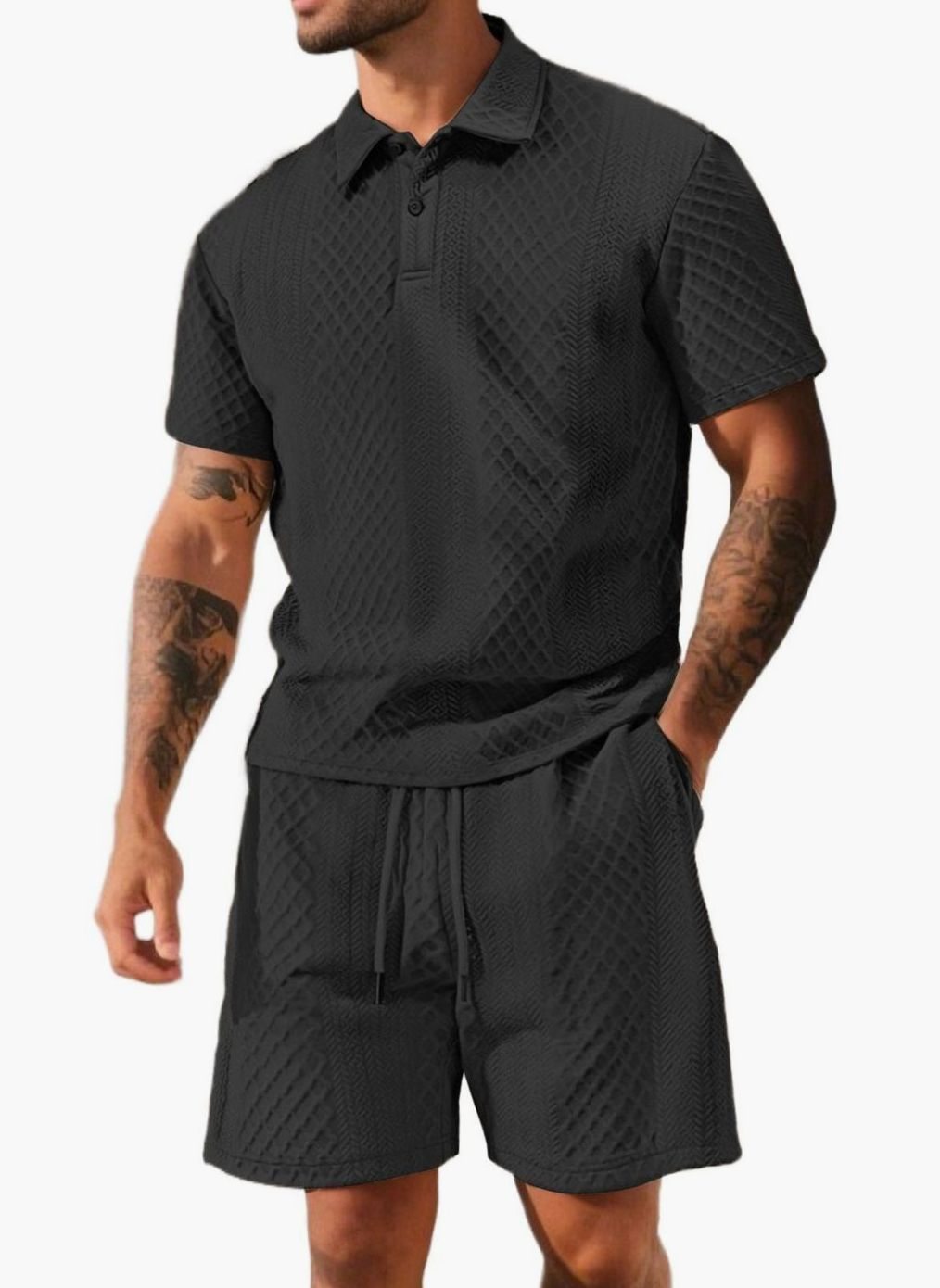 Men's Jacquard Quilted Polo Shirt Bermuda Shorts Set - Black