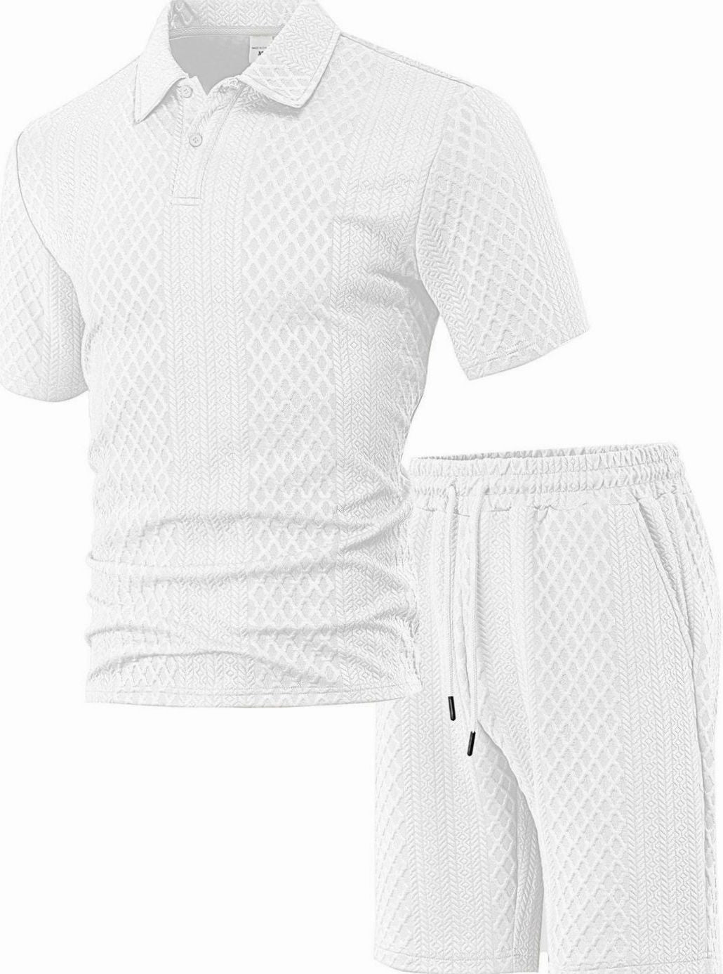 Men's Jacquard Quilted Polo Shirt Bermuda Shorts Set - White