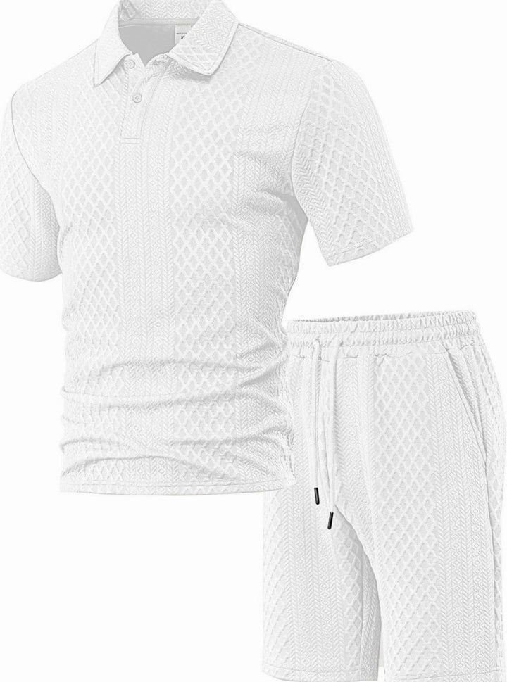 Men's Jacquard Quilted Polo Shirt Bermuda Shorts Set - White