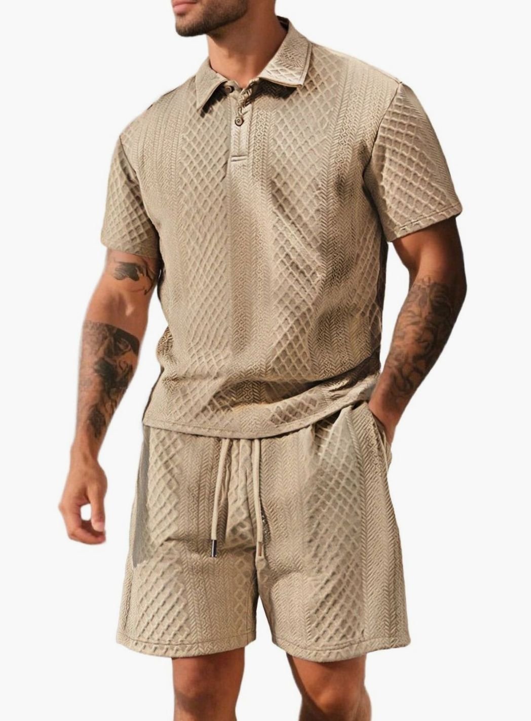Men's Jacquard Quilted Polo Shirt Bermuda Shorts Set - Khaki