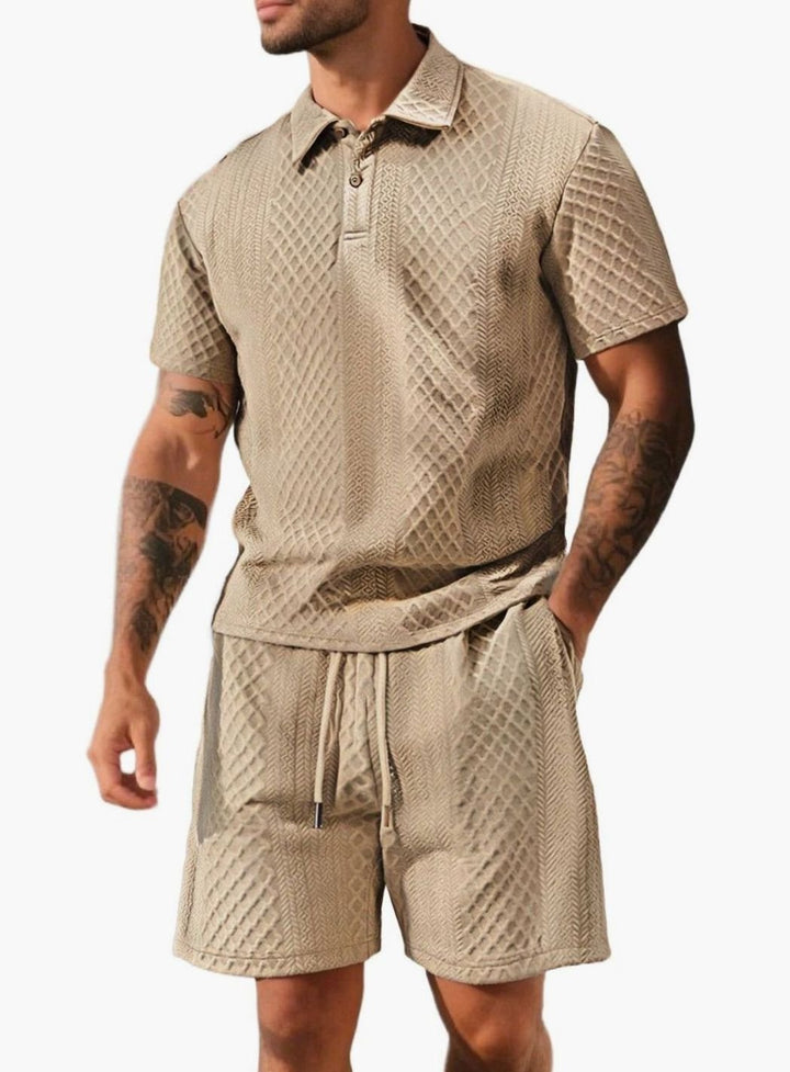 Men's Jacquard Quilted Polo Shirt Bermuda Shorts Set - Khaki