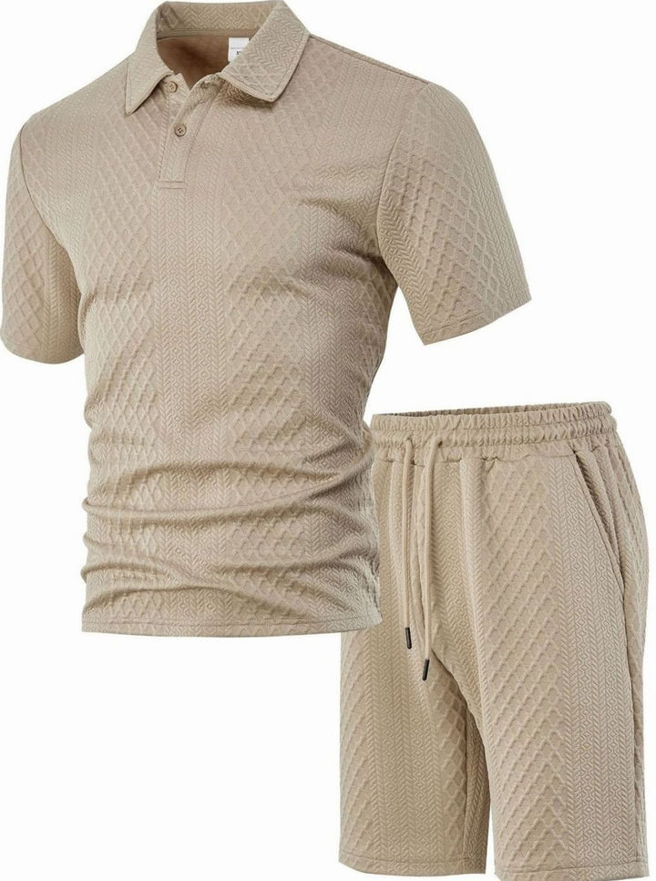 Men's Jacquard Quilted Polo Shirt Bermuda Shorts Set - Khaki