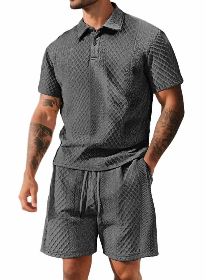Men's Jacquard Quilted Polo Shirt Bermuda Shorts Set - Dark Gray